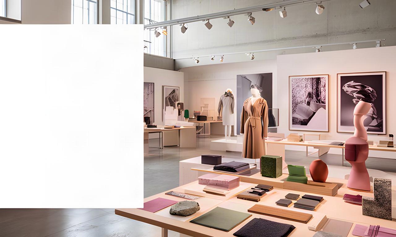 Grosszügige Architekturhalle mit Materialmustern, Modeobjekten und Kunstfotografien in einer Zürcher Ausstellung