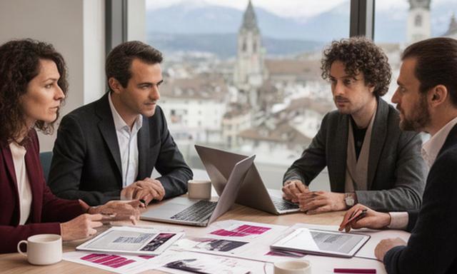 Redaktionsteam eines Finanzmagazins bei der Themenplanung in Zürich