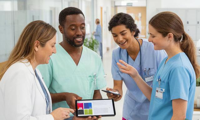 Mitarbeitende eines Schweizer Spitals lesen ein internes digitales Magazin